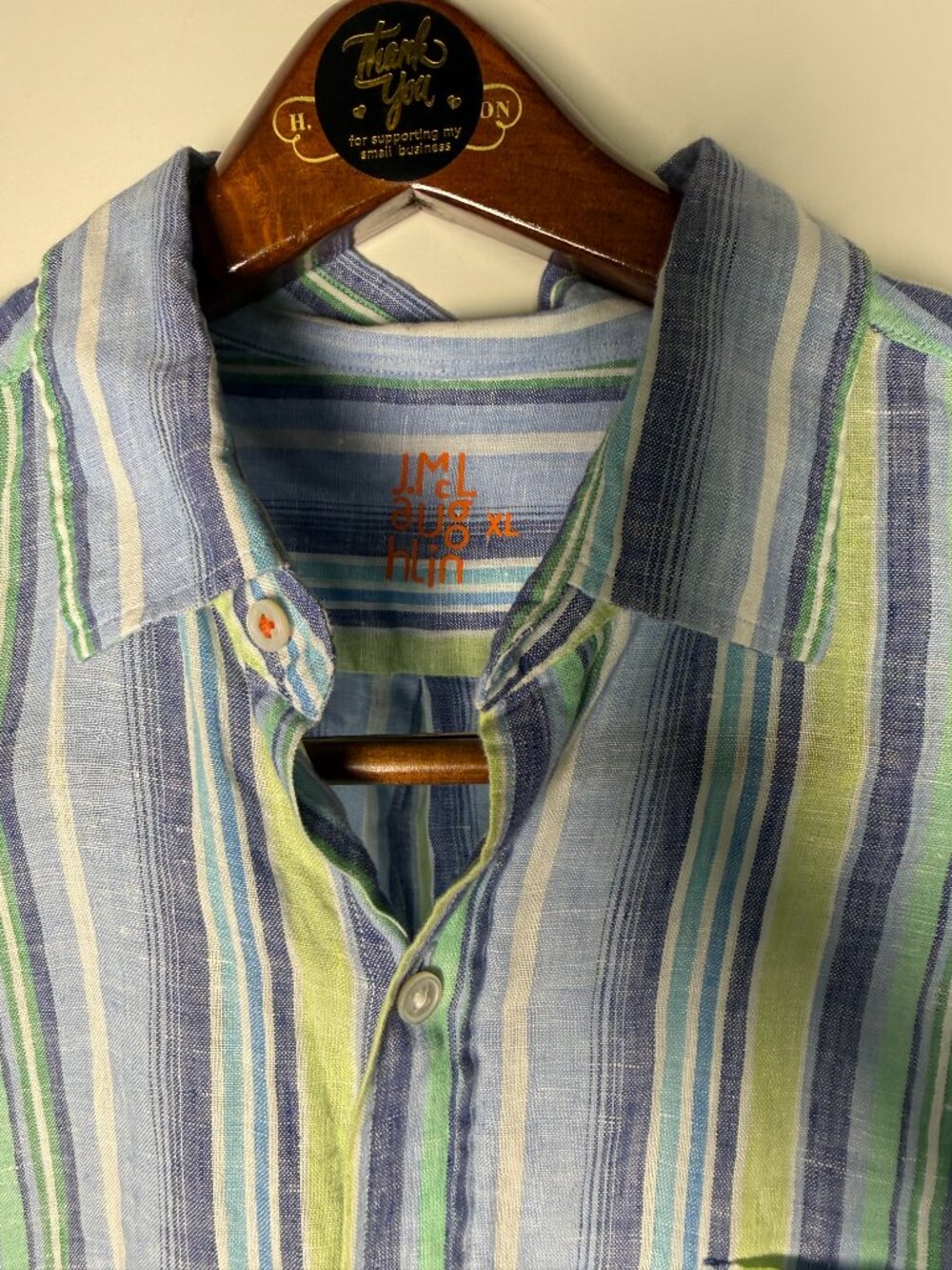 J. McLaughlin Striped 100% Linen Casual Button Down Blue/Green Sz XL Men's